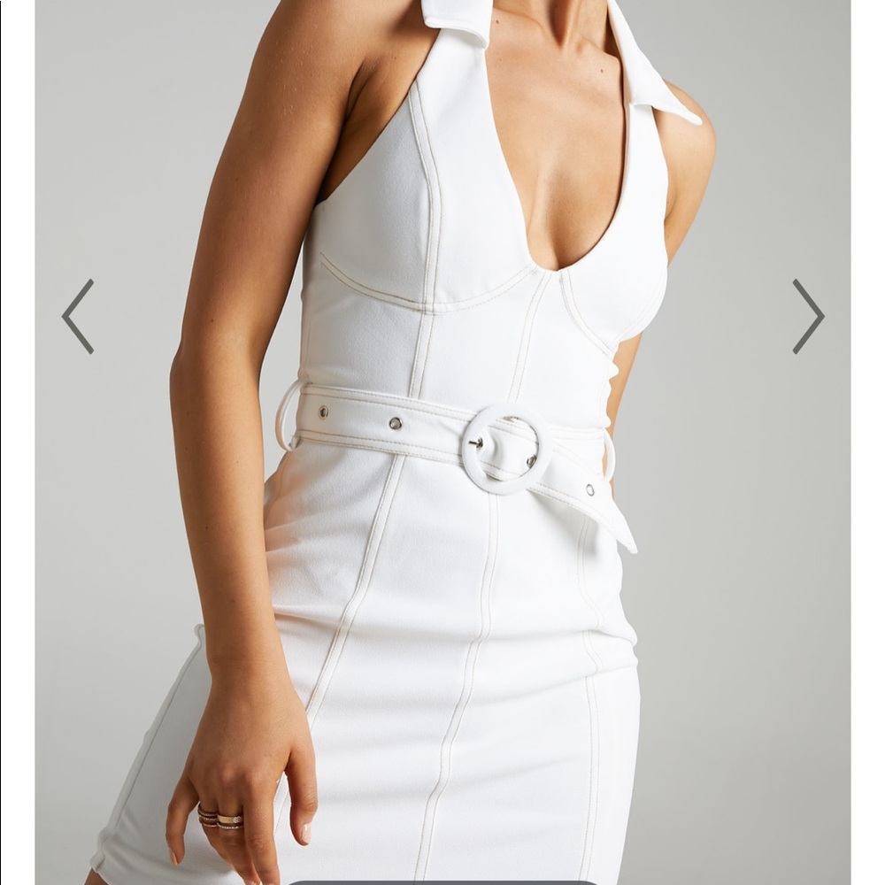 THEONE SELF BELT CONTRAST STITCHING HALTER DRESS IN CREAM